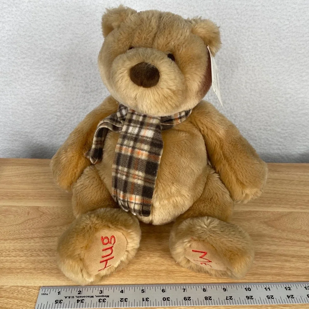 Gund Cuddly Plush Bear 41280 Tan Plaid Scarf Hug Me Embroidered Paws NWT 11in